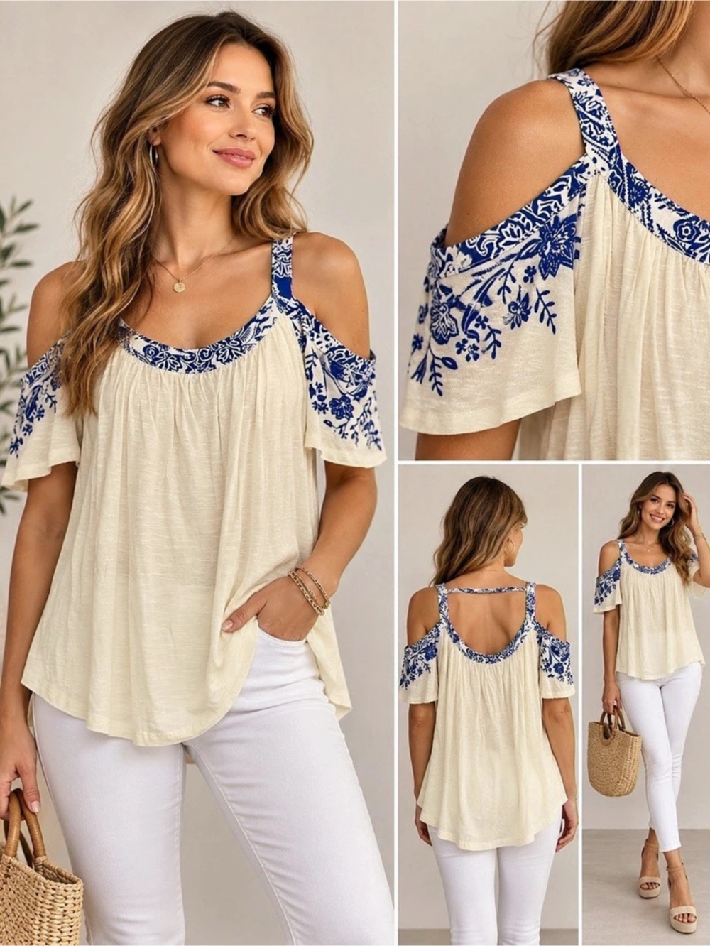 eyeshadows Floral Cold Shoulder Tunic in Cream & Blue Size Small